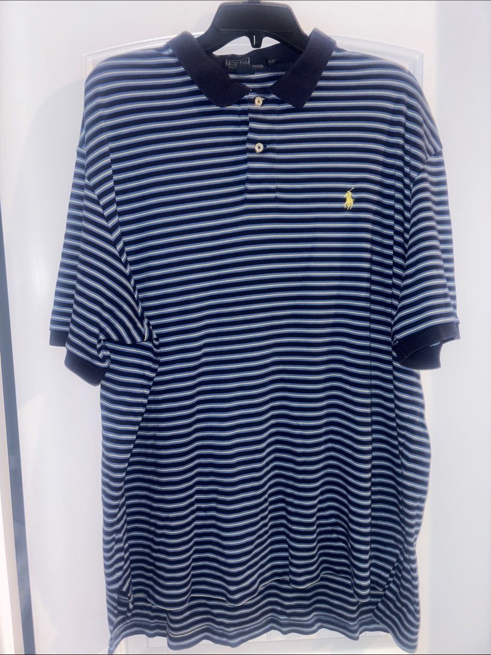 Ralph Lauren Navy & White Striped Polo with Yellow Pony